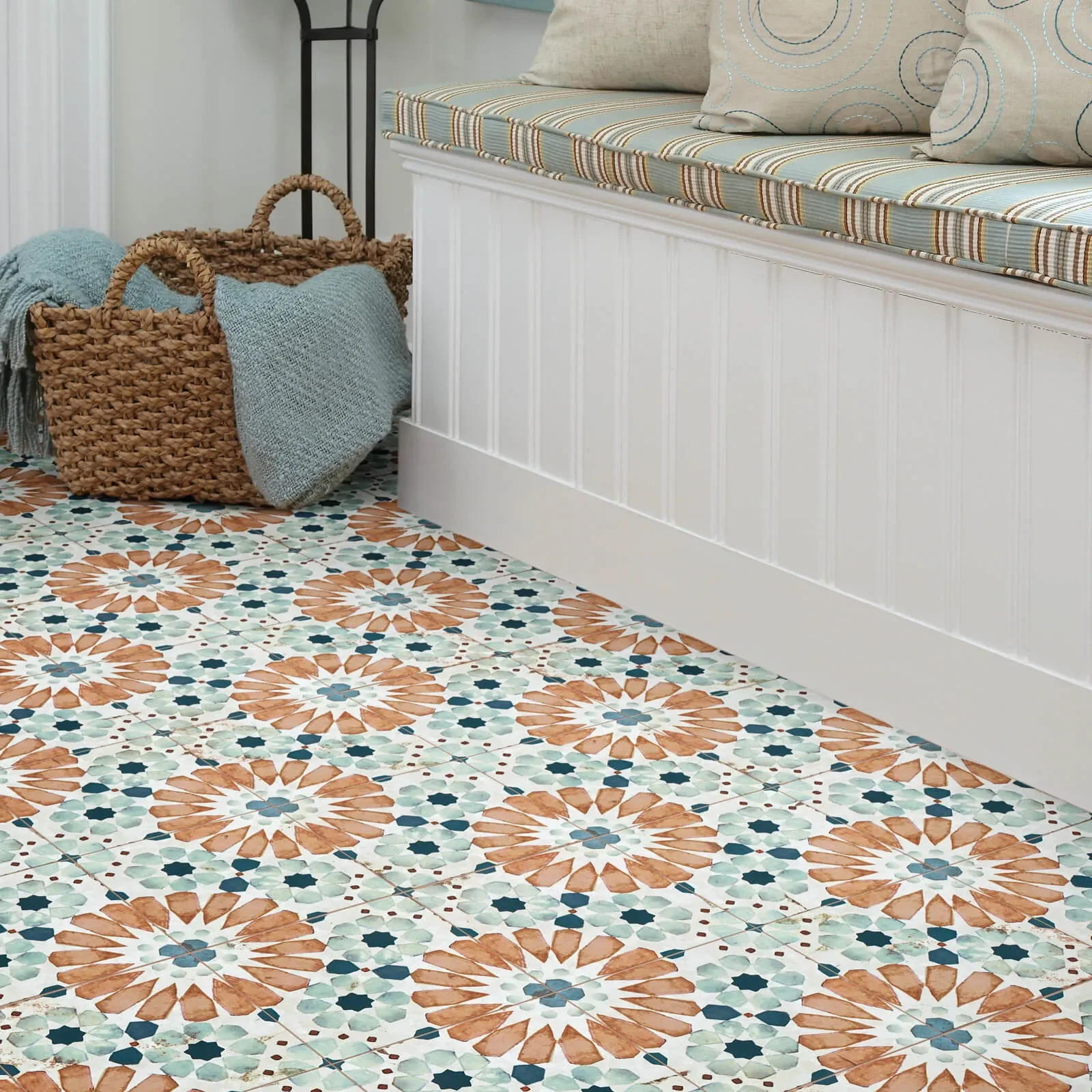 Flower patterned tile in mudroom