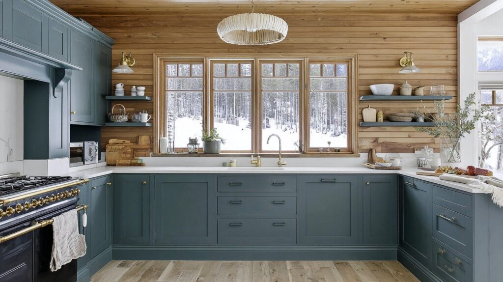 Blue shaker cabinets in farmhouse kitchen
